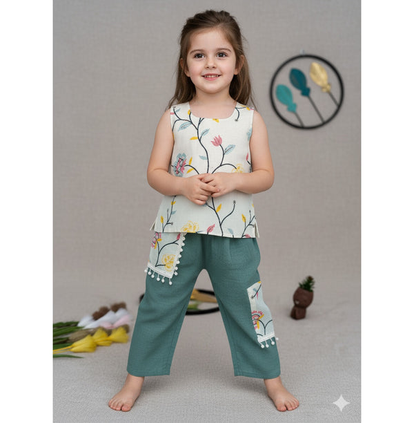 Kids Floral Printed Top with Green Palazzo Set