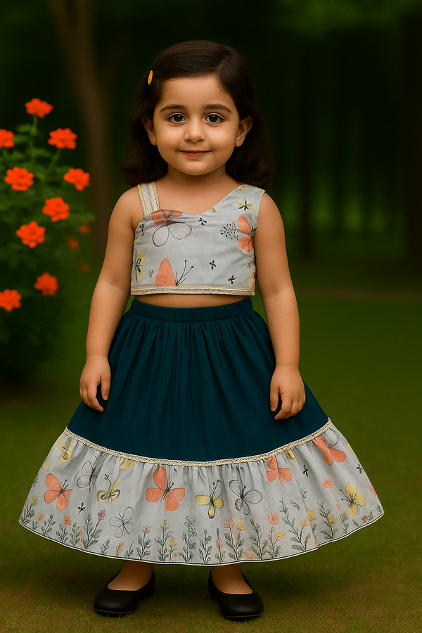 Teal Skirt & Pastel Butterfly Print Crop Top Set