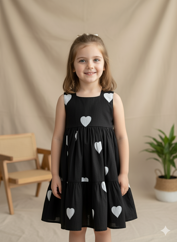 Black Heart Print Pleated Frock with Tie-Up Back