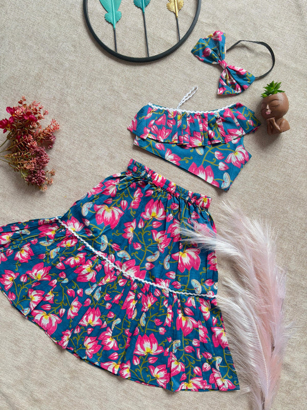 Blue Lotus Print Co-ord Set with Headband