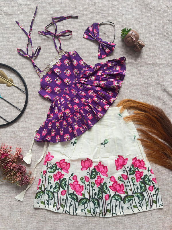 Purple & White Lotus Print Co-ord Set with Headband