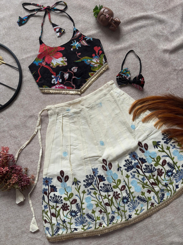 Black Floral Top & White Embroidered Skirt Co-ord Set with Headband