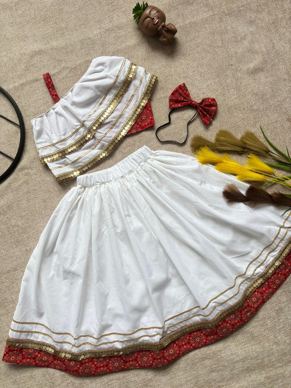 White & Red Traditional Lehenga Choli Set with Mirror Work