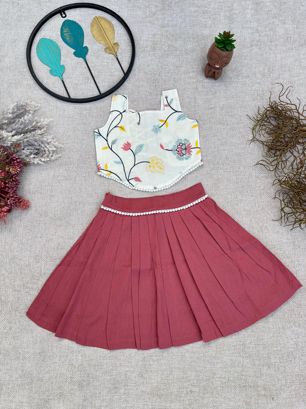 Kids Floral Crop Top with Maroon Skirt Set