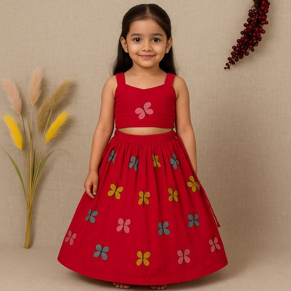 Kids Red Butterfly Crop Top & Skirt Set