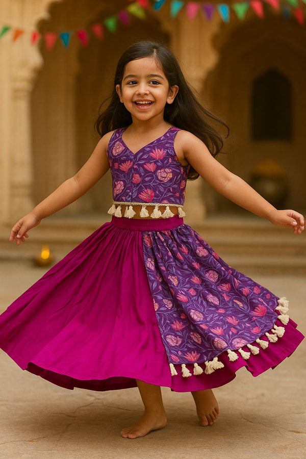 Purple Floral Printed Co-ord Set for Girls