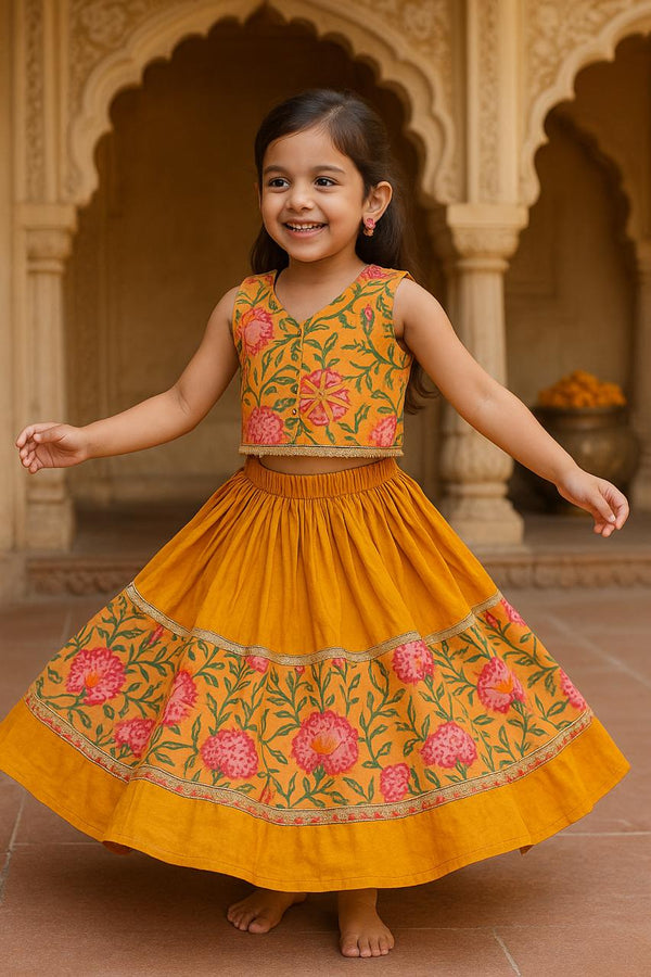 Mustard Yellow Floral Printed Kids Ethnic Set