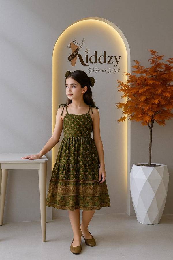 Olive Green Printed Cotton Frock with Tie-Up Straps