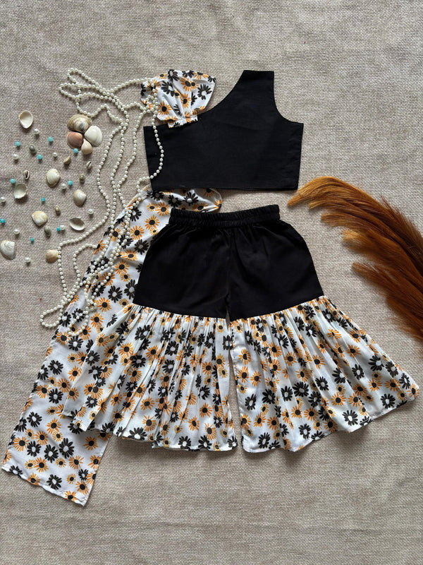 Black & Floral Print One-Shoulder Co-ord Set