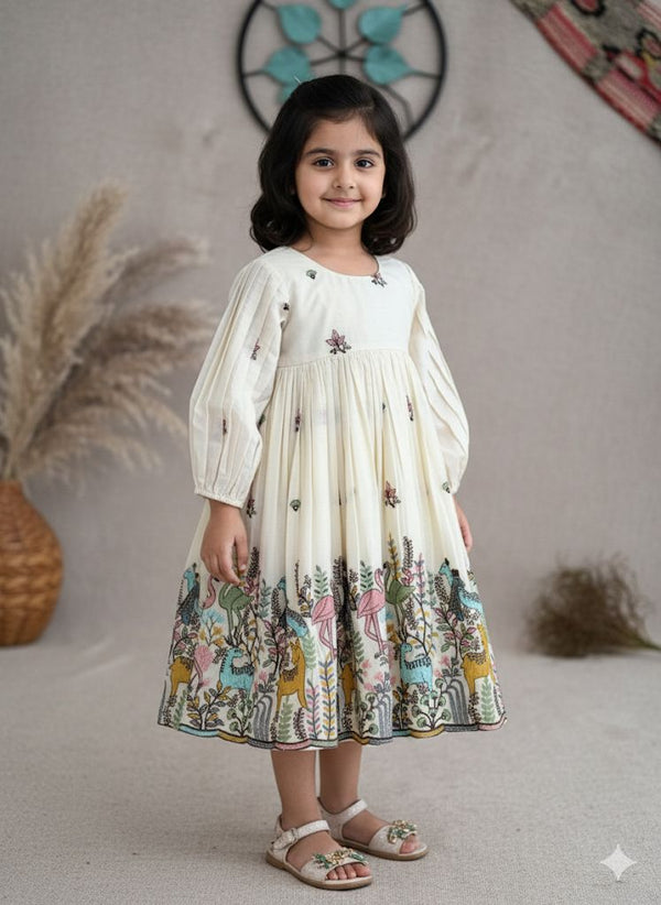 Girls Thread Embroidery Animal & Floral Pleated Frock
