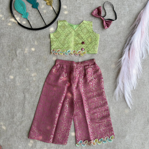Kids Green & Pink Brocade Top with Pant Set