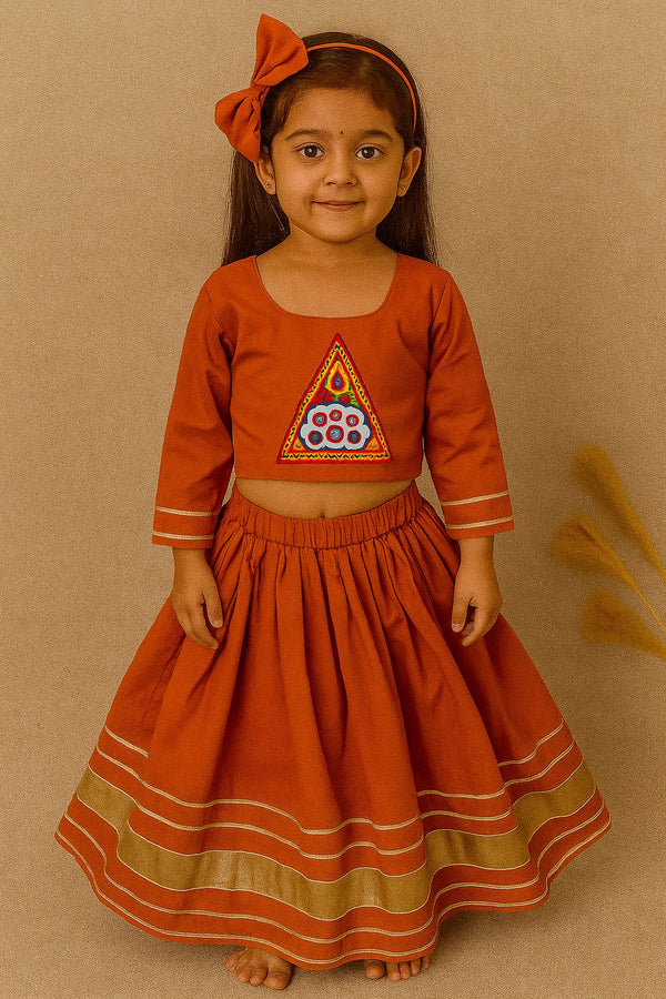 Rust Orange Traditional Lehenga Choli Set with Headband